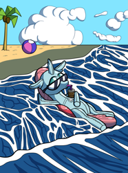 Size: 953x1280 | Tagged: safe, artist:sergeant16bit, derpibooru import, ocellus, changedling, changeling, inflatable pony, air nozzle, beach, beach ball, drinking straw, floating, inflatable, lying down, on back, palm tree, pool toy, potion, sunglasses, transformation, tree