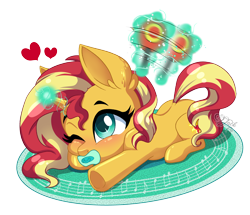 Size: 4300x3700 | Tagged: safe, artist:jack-pie, derpibooru import, sunset shimmer, pony, unicorn, baby, baby pony, babyset shimmer, blushing, cute, female, filly, filly sunset shimmer, glowing horn, horn, levitation, lying down, magic, mouth hold, one eye closed, pacifier, prone, rattle, shimmerbetes, simple background, telekinesis, transparent background, younger