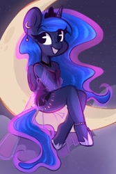 Size: 1200x1800 | Tagged: safe, artist:sakukitty, derpibooru import, princess luna, alicorn, anthro, unguligrade anthro, clothes, crescent moon, dress, female, grin, looking at you, mare, moon, see-through, sitting, smiling, smiling at you, solo, tangible heavenly object