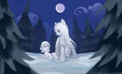 Size: 3615x2201 | Tagged: safe, artist:marbo, oc, oc only, oc:cirrus wisp, oc:niveous, pony, /mlp/, chest fluff, crescent moon, crying, duo, eye contact, female, filly, fluffy, forest, long hair, long mane, looking at each other, mare, moon, night, open mouth, snow, snowpony (species), taiga pony, teary eyes, tree, yakutian horse