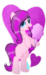 Size: 1434x2348 | Tagged: safe, artist:amicasecretuwu, derpibooru import, oc, earth pony, pony, bipedal, cotton candy, female, food, mare, open mouth, simple background, solo, transparent background