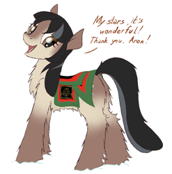 Size: 2359x2392 | Tagged: safe, artist:jh, oc, oc only, oc:cold shoulder, pony, /mlp/, blanket, coat markings, dialogue, dock, female, fluffy, happy, implied anon, looking at you, looking back, looking back at you, mare, open mouth, rug, saddle, simple background, smiling, snowmare, snowpony (species), socks (coat marking), tack, taiga pony, white background, yakutian horse