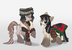Size: 2710x1892 | Tagged: safe, artist:marbo, oc, oc only, oc:boreal blanket, oc:cold shoulder, pony, /mlp/, bag, blanket, blaze (coat marking), chest fluff, clothes, coat markings, drawthread, duo, eyes closed, female, fluffy, folk costume, gradient background, looking at you, mare, rug, saddle bag, siberia, simple background, smiling, snowpony (species), socks (coat marking), taiga pony, yakutian horse