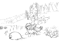 Size: 1207x836 | Tagged: safe, artist:anonymous, oc, oc only, oc:pine ponder, pony, seal, /mlp/, adorable distress, black and white, chase, chest fluff, crying, cute, female, fluffy, forest, grayscale, mare, monochrome, pinecone, pone, running, snow, snowmare, snowpony (species), stealing, taiga pony, thief, tree, unshorn fetlocks, yakutian horse