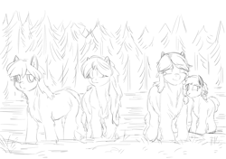 Size: 2508x1764 | Tagged: safe, artist:snspony, oc, oc only, pony, /mlp/, black and white, braid, chest fluff, ear fluff, ears, female, filly, fluffy, foal, forest, looking at you, mare, monochrome, sketch, smiling, snow, snowpony (species), taiga pony, yakutian horse