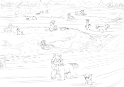 Size: 2508x1764 | Tagged: safe, artist:snspony, oc, oc only, fish, pony, /mlp/, basket, black and white, chest fluff, cute, excessive fluff, female, filly, fishing, fluffy, foal, forest, hug, looking at each other, mare, monochrome, mother and child, mother and daughter, mountain, mouth hold, parent and child, river, rock, sketch, smiling, snow, snowpony (species), stream, taiga pony, tongue, tongue out, wet, yakutian horse