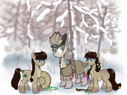 Size: 1057x786 | Tagged: safe, artist:anonymous, oc, oc only, oc:kochab, oc:north star, oc:polaris, pony, /mlp/, blaze (coat marking), blind, chest fluff, clothes, coat markings, female, females only, fluffy, forest, looking at you, mare, mother and child, mother and daughter, open mouth, pale belly, parent and child, plant, rule 63, shaman, shrub, siberia, siblings, sisters, smiling, snow, snowpony (species), socks (coat marking), taiga pony, tail wrap, tambourine, tree, trio, yakutian horse