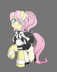 Size: 6410x8098 | Tagged: safe, artist:darkstorm mlp, derpibooru import, butterscotch, fluttershy, pegasus, adorable face, adorascotch, anime style, blushing, bow, clothes, crossdressing, cuffs (clothes), cute, eye clipping through hair, femboy, fluttermaid, garter, hair tie, hidden wings, maid, makeup, male, mary janes, nylon tights, ponytail, raised hoof, raised leg, rule 63, shoes, simple background, solo, stallion, stockings, thigh highs