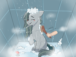 Size: 1024x768 | Tagged: safe, artist:valkiria, derpibooru import, marble pie, earth pony, human, pony, blushing, brushie, cute, eye clipping through hair, eyebrows, eyebrows visible through hair, eyes closed, female, marblebetes, pony pet, shower, soap bubble, solo