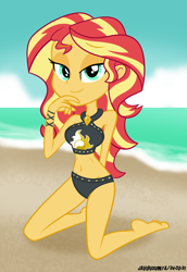 Size: 1994x2900 | Tagged: safe, artist:javisuzumiya, derpibooru import, sunset shimmer, better together, equestria girls, forgotten friendship, bare shoulders, beach, beach shorts swimsuit, bedroom eyes, bikini, clothes, eyebrows, eyebrows visible through hair, female, high res, looking at you, sleeveless, smiling, smiling at you, solo, sunset shimmer's beach shorts swimsuit, swimsuit