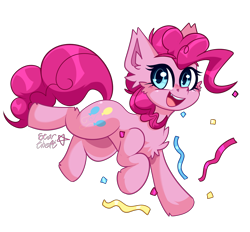 Size: 2221x2060 | Tagged: safe, artist:star-theft, derpibooru import, pinkie pie, earth pony, pony, cheek fluff, chest fluff, confetti, cute, cute little fangs, diapinkes, ear fluff, ears, fangs, female, high res, mare, open mouth, simple background, solo, streamers, transparent background