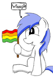 Size: 900x1329 | Tagged: safe, artist:scootaloormayfly, derpibooru import, oc, oc:blue beryl, blue hair, colored, digital art, pride, pride flag, solo, speech bubble, text, white fur