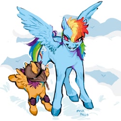 Size: 1080x1079 | Tagged: safe, artist:moshpaws, derpibooru import, rainbow dash, scootaloo, pegasus, pony, aviator goggles, aviator hat, duo, female, filly, goggles, grin, hat, looking at each other, mare, on a cloud, smiling, smiling at each other