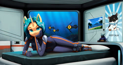 Size: 2000x1057 | Tagged: safe, artist:mrscroup, derpibooru import, oc, oc only, anthro, cat, fish, unicorn, anthro oc, base, bedroom, clothes, female, hand on chin, horn, indoors, looking at you, lying down, mare, ocean, on side, pillow, poster, prone, skintight clothes, smiling, smiling at you, solo, subnautica, subnautica: below zero, underwater, unicorn oc, video game crossover, wetsuit
