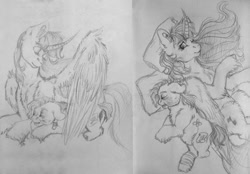 Size: 1502x1044 | Tagged: safe, artist:skior, derpibooru import, oc, oc only, oc:skior, pony, age difference, amputee, bandage, lying down, monochrome, prone, traditional art