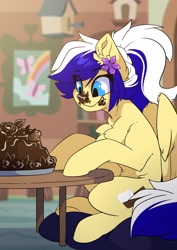 Size: 2481x3507 | Tagged: safe, artist:arctic-fox, derpibooru import, oc, oc only, oc:animatedpony, pegasus, pony, cake, chest fluff, eating, food, herbivore, messy eating, solo