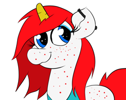 Size: 1280x1024 | Tagged: safe, artist:tranzmuteproductions, derpibooru import, oc, oc only, oc:red note, pony, unicorn, bust, ear piercing, eyelashes, female, freckles, horn, mare, piercing, simple background, smiling, solo, unicorn oc, white background