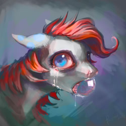 Size: 1024x1024 | Tagged: safe, artist:baccizoof, derpibooru import, oc, oc only, oc:bubblegum, pony, bust, crying, ears, floppy ears, portrait, soap bubble, solo