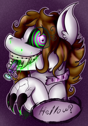 Size: 772x1104 | Tagged: safe, artist:millefaller, derpibooru import, oc, oc only, pony, wolf, wolf pony, braces, claws, collar, ear fluff, ears, eye clipping through hair, fangs, female, gradient background, grin, mare, mind control, sharp teeth, signature, smiling, solo, swirly eyes, syringe, talking, teeth, transformation