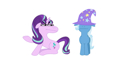 Size: 2581x1496 | Tagged: safe, artist:wolvinof, derpibooru import, starlight glimmer, trixie, pony, unicorn, angry, annoyed, blank expression, clothes, cutie mark, deltarune, hat, hidden eyes, meme, simple background, stare, trixie's hat