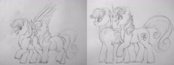 Size: 2558x960 | Tagged: safe, artist:skior, derpibooru import, scootaloo, sweetie belle, pony, monochrome, older, traditional art