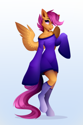 Size: 4724x7087 | Tagged: safe, artist:buvanybu, derpibooru import, scootaloo, anthro, pegasus, unguligrade anthro, clothes, cutealoo, dress, female, gradient background, long sleeves, looking at you, older, older scootaloo, smiling, smiling at you, socks, solo, tongue, tongue out