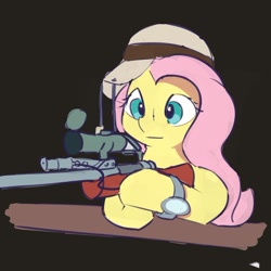 Size: 1000x1001 | Tagged: safe, artist:drafthoof, derpibooru import, fluttershy, pony, bust, female, gun, hat, mare, rifle, simple background, sniper, sniper rifle, snipershy, solo, team fortress 2, three quarter view, watch, weapon, wristwatch