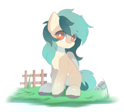 Size: 2463x2240 | Tagged: safe, artist:jfrxd, derpibooru import, oc, oc only, oc:peacher, fence, grass, looking at you, orange eyes, sitting, smiling, smiling at you