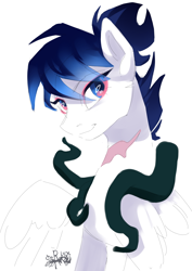 Size: 2480x3507 | Tagged: safe, artist:charlot, derpibooru import, oc, oc only, oc:cogwheel snowflake, pegasus, pony, eye clipping through hair, eyebrows, eyebrows visible through hair, female, high res, looking at you, mare, pegasus oc, scar, simple background, smiling, smiling at you, solo, spread wings, white background, wings