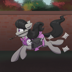 Size: 4000x4000 | Tagged: safe, artist:confetticakez, derpibooru import, octavia melody, earth pony, pony, bag, bow (instrument), clothes, female, mare, mouth hold, partiture, running, saddle bag, schoolgirl toast, sheet music, skirt, solo