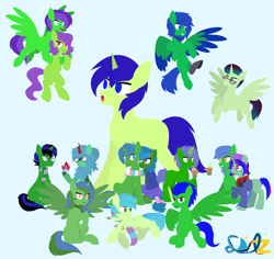 Size: 9422x8905 | Tagged: safe, artist:samsailz, derpibooru import, oc, oc:alope ruby aspendale, oc:kosmos, oc:lex rudera, oc:omega(omegacreeper), oc:raulix evergreen, earth pony, kirin, pegasus, pony, unicorn, :o, :p, carrying, clone, cute, fire, flying, green coat, multeity, multiple oc, open mouth, tongue, tongue out, wings