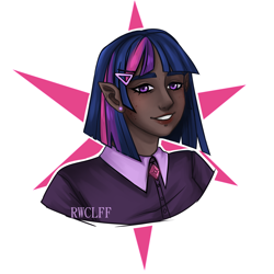 Size: 3000x3000 | Tagged: safe, artist:rowcliffe, derpibooru import, twilight sparkle, human, clothes, dark skin, elf ears, female, grin, humanized, shirt, simple background, smiling, solo, white background