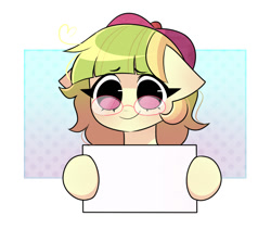Size: 825x697 | Tagged: safe, artist:franshushu, derpibooru import, oc, oc only, earth pony, pony, commission, cute, glasses, hat, poster, shy, smiley face, solo, template