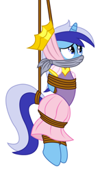 Size: 2270x3802 | Tagged: safe, artist:radiantrealm, derpibooru import, edit, minuette, pony, unicorn, arm behind back, bondage, bound and gagged, cloth gag, clothes, costume, crown, damsel in distress, female, gag, jewelry, mare, otn gag, over the nose gag, regalia, rope, rope bondage, simple background, solo, suspended, suspension bondage, tied up, transparent background, unicorn tribe