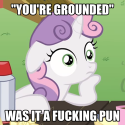 Size: 1036x1036 | Tagged: safe, derpibooru import, sweetie belle, my little pony: the movie, caption, exploitable meme, grounded, image macro, implied princess skystar, implied queen novo, meme, obligatory pony, solo, sudden clarity sweetie belle, text, vulgar