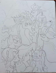 Size: 783x1021 | Tagged: safe, artist:gojira1604shinomura, derpibooru import, cozy glow, discord, fluttershy, lord tirek, princess celestia, princess twilight 2.0, queen chrysalis, rainbow dash, starlight glimmer, tank, twilight sparkle, twilight sparkle (alicorn), alicorn, draconequus, earth pony, pegasus, pony, unicorn, the last problem, aged, group, lines, mountain, older, older twilight, sketch, sun, traditional art, tree