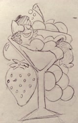 Size: 2511x3947 | Tagged: safe, anonymous artist, derpibooru import, berry punch, berryshine, earth pony, pony, alcohol, drunk, female, food, glass, go home you're drunk, grapes, mare, martini, monochrome, sleeping, smiling, solo, strawberry, traditional art, wine glass