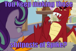 Size: 960x640 | Tagged: safe, edit, edited screencap, editor:undeadponysoldier, screencap, garble, sandbar, silverstream, starlight glimmer, yona, dragon, hippogriff, pony, troll, unicorn, yak, a matter of principals, angry, animated, colored text, episode needed, female, fired, garblebuse, get out, gif, image macro, implied spike, it was at this moment that he knew he fucked up, magic, magic blast, male, mare, not listening, rage, sitting, smartass, spike justice warriors, spikelove, trolling, wrong aspect ratio, you're fired