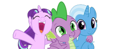 Size: 989x378 | Tagged: safe, artist:jhayarr23, artist:sketchmcreations, artist:slb94, editor:undeadponysoldier, spike, starlight glimmer, trixie, dragon, pony, unicorn, best friends, cute, daaaaaaaaaaaw, diatrixes, glimmerbetes, group hug, group photo, happy, hug, msre, open mouth, side hug, simple background, spikabetes, spike gets all the mares, spikelove, transparent background, vector, vector edit, winged spike