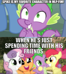 Size: 859x960 | Tagged: safe, edit, edited edit, edited screencap, editor:undeadponysoldier, photographer:undeadponysoldier, screencap, apple bloom, scootaloo, spike, sweetie belle, dragon, earth pony, pegasus, pony, unicorn, it ain't easy being breezies, adorabloom, best dragon, best friends, best friends until the end of time, bow, cute, cutealoo, cutie mark crusaders, daaaaaaaaaaaw, diasweetes, dragons in real life, edited photo, female, filly, grin, hair bow, happy, image macro, ponies in real life, spikabetes, spikelove
