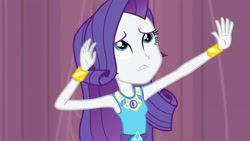 Size: 3410x1920 | Tagged: safe, derpibooru import, screencap, rarity, better together, equestria girls, stressed in show, armpits, bracelet, clothes, cutie mark, cutie mark on clothes, female, geode of shielding, hairpin, jewelry, magical geodes, rarity peplum dress, solo