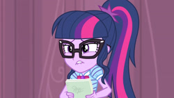 Size: 3410x1920 | Tagged: safe, derpibooru import, screencap, sci-twi, twilight sparkle, better together, equestria girls, stressed in show, bowtie, female, geode of telekinesis, glasses, jewelry, lip bite, magical geodes, necklace, ponytail, solo