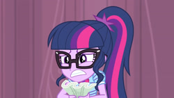 Size: 3410x1920 | Tagged: safe, derpibooru import, screencap, sci-twi, twilight sparkle, better together, equestria girls, stressed in show, bowtie, female, geode of telekinesis, glasses, jewelry, magical geodes, necklace, ponytail, solo