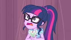 Size: 3410x1920 | Tagged: safe, derpibooru import, screencap, sci-twi, twilight sparkle, better together, equestria girls, stressed in show, bowtie, female, glasses, mawshot, open mouth, ponytail, solo, volumetric mouth