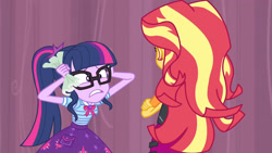 Size: 3410x1920 | Tagged: safe, derpibooru import, screencap, sci-twi, sunset shimmer, twilight sparkle, better together, equestria girls, stressed in show, bowtie, clothes, cutie mark, cutie mark on clothes, female, geode of telekinesis, glasses, jacket, jewelry, leather, leather jacket, magical geodes, necklace, ponytail