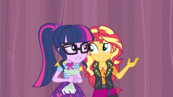 Size: 3410x1920 | Tagged: safe, derpibooru import, screencap, sci-twi, sunset shimmer, twilight sparkle, better together, equestria girls, stressed in show, bowtie, clothes, cutie mark, cutie mark on clothes, female, geode of empathy, geode of telekinesis, glasses, jacket, jewelry, leather, leather jacket, magical geodes, necklace, ponytail