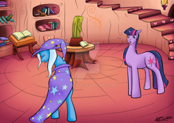 Size: 1280x906 | Tagged: safe, artist:malinsasse, derpibooru import, trixie, twilight sparkle, pony, unicorn, deviantart watermark, eyes closed, golden oaks library, obtrusive watermark, sad, small head, watermark