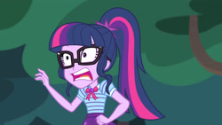 Size: 3410x1920 | Tagged: safe, derpibooru import, screencap, sci-twi, twilight sparkle, better together, equestria girls, stressed in show, stressed in show: fluttershy, bowtie, female, geode of telekinesis, glasses, jewelry, magical geodes, necklace, open mouth, ponytail, solo