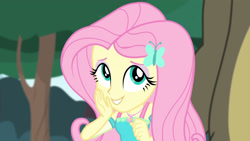 Size: 3410x1920 | Tagged: safe, derpibooru import, screencap, fluttershy, harry, bear, better together, equestria girls, stressed in show, stressed in show: fluttershy, cute, female, geode of fauna, hairpin, jewelry, magical geodes, male, necklace, offscreen character, shyabetes, smiling