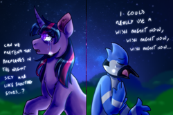 Size: 3000x2000 | Tagged: safe, artist:eternalthemandarin06, derpibooru import, twilight sparkle, unicorn twilight, anthro, bird, blue jay, pony, unicorn, airplanes (song), anthro with ponies, crossover, crossover shipping, crying, duo, eyes closed, female, high res, male, mare, meme, mordecai, mordetwi, night, no more ponies at source, open mouth, redraw mordetwi meme, regular show, shipping, straight